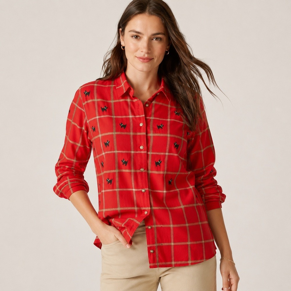 Karen Scott Womens Scottie Dog Embroidered Plaid Button Down Shirt Red 1X